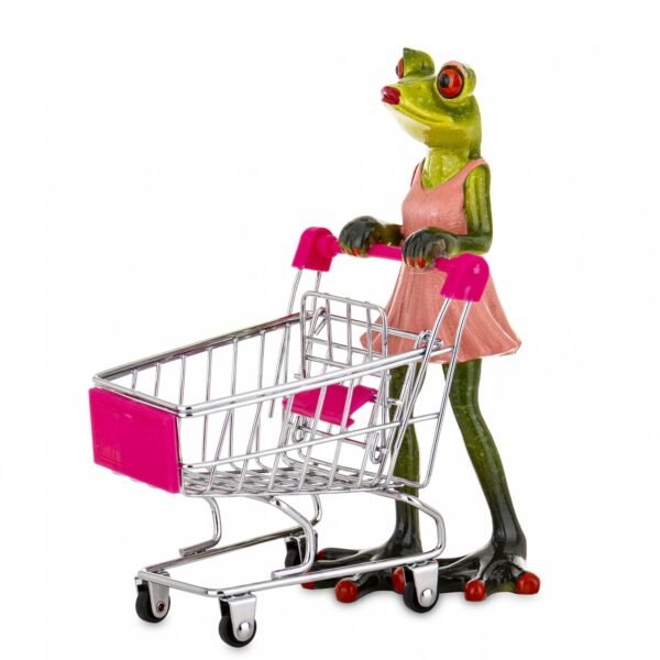 Figurka żaba na zakupach z koszykiem żabka zakupoholiczka
