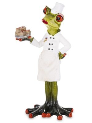 Figurka żabka z tacą, żaba kucharz cukiernik z ciastem