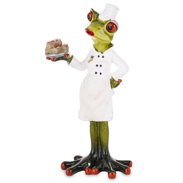 Figurka żabka z tacą, żaba kucharz cukiernik z ciastem