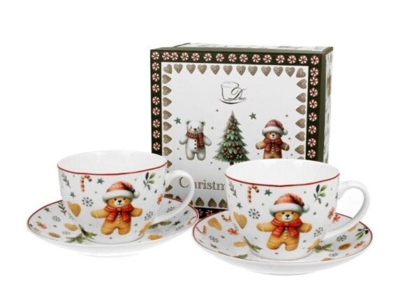 Komplet filiżanek świątecznych 2x Filiżanka Podstawka zestaw porcelana miś