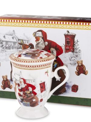 Kubek porcelanowy z zaparzaczem i przykrywką z porcelany w dekoracyjnym opakowaniu.