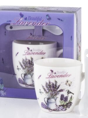 KUBEK DEKORACYJNY Z ŁYŻECZKĄ PREZENT UPOMINEK LAWENDA
