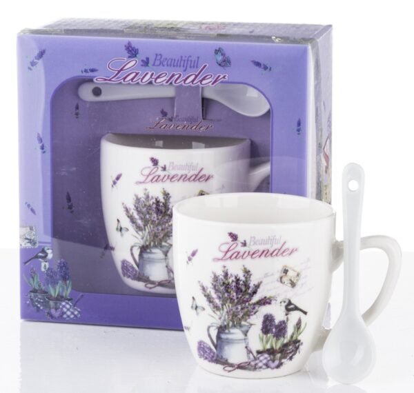 KUBEK DEKORACYJNY Z ŁYŻECZKĄ PREZENT UPOMINEK LAWENDA
