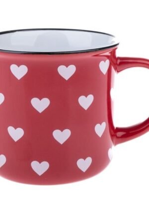 Kubek ceramiczny, czerwony z białymi serduszkami, 400ml