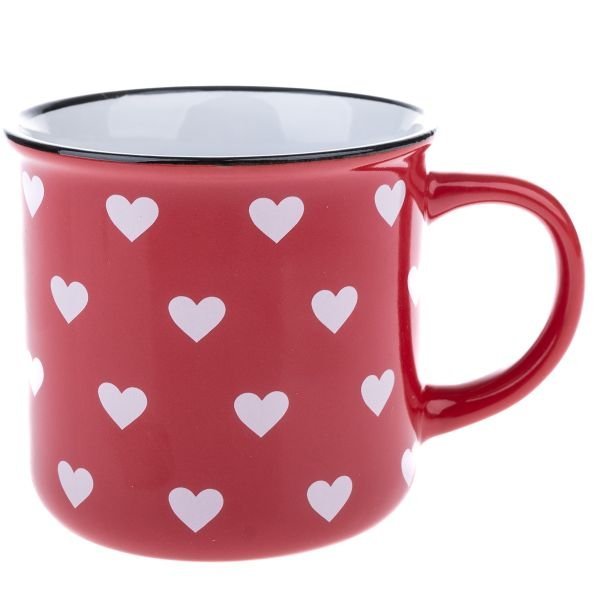 Kubek ceramiczny, czerwony z białymi serduszkami, 400ml