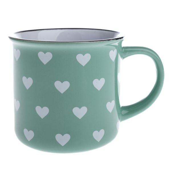 Kubek ceramiczny, jasnozielony z białymi serduszkami, 400ml