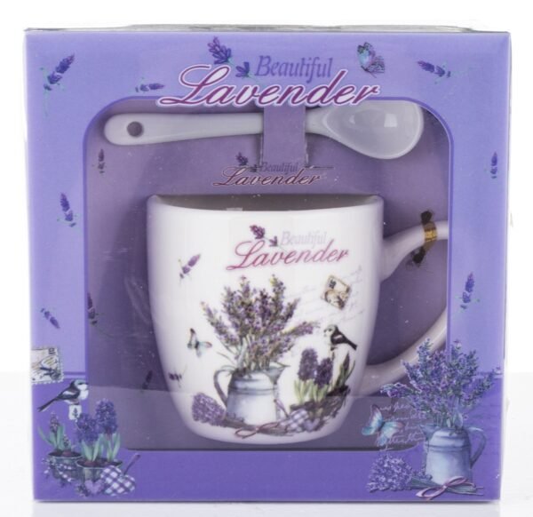KUBEK DEKORACYJNY Z ŁYŻECZKĄ PREZENT UPOMINEK LAWENDA