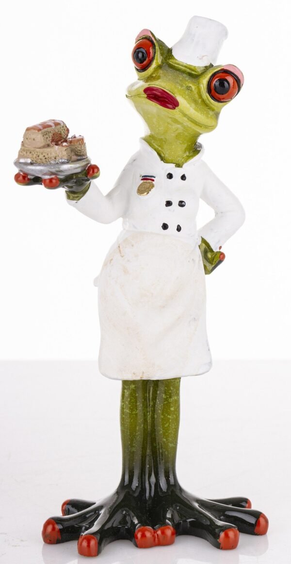 Figurka żabka z tacą, żaba kucharz cukiernik z ciastem
