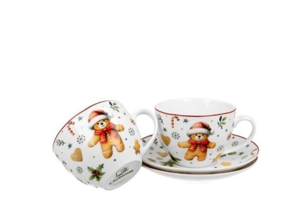 Komplet filiżanek świątecznych 2x Filiżanka Podstawka zestaw porcelana miś
