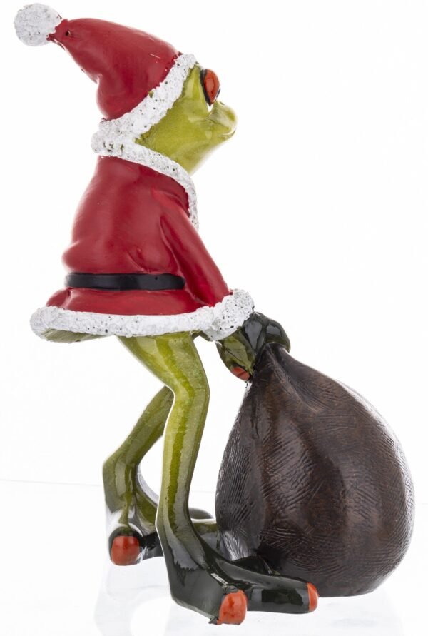 Figurka 16x9,5x12 cm - Żaba Św. Mikołaj z workiem