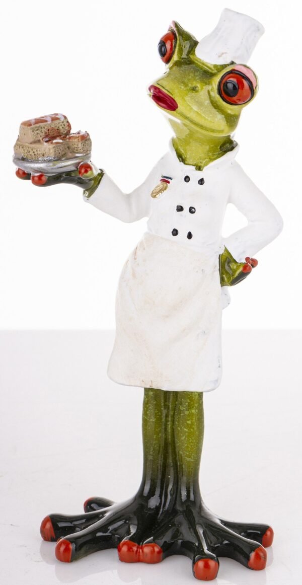 Figurka żabka z tacą, żaba kucharz cukiernik z ciastem