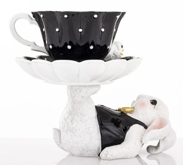 Królik króliczek mały figur figurka czarno biało złoty filiżanka