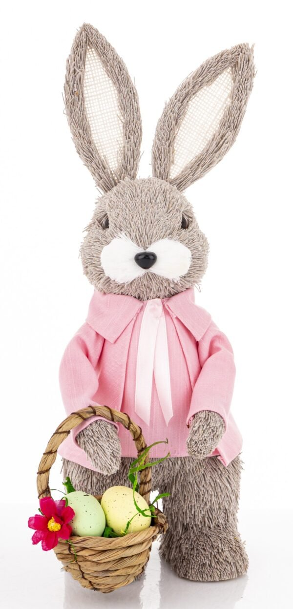 Zając w Swetrze Ozdoba Wielkanocna Figurka z Koszykiem IMITACJA SŁOMY 34cm