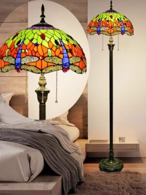Lampa witrażowa w stylu Tiffany, podłogowa, wysokość 177cm niebieska ważka