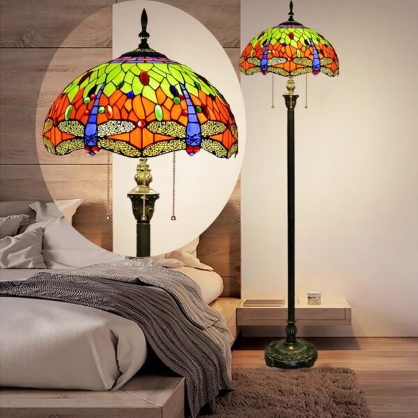 Lampa witrażowa w stylu Tiffany, podłogowa, wysokość 177cm niebieska ważka