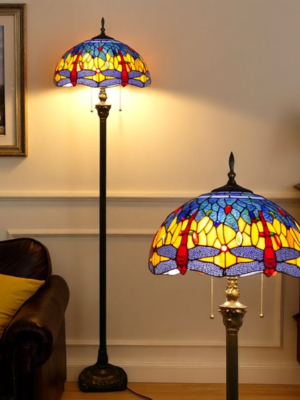Lampa witrażowa w stylu Tiffany, podłogowa, wysokość 177cm, Czerwona ważka