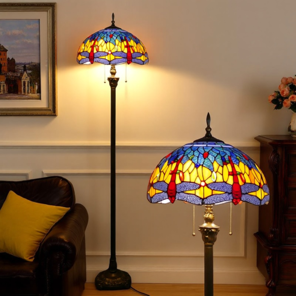 Lampa witrażowa w stylu Tiffany, podłogowa, wysokość 177cm, Czerwona ważka