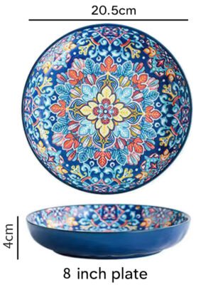 Piękny talerz ceramiczny w stylu boho, niebieski.- 20,5cm średnicy