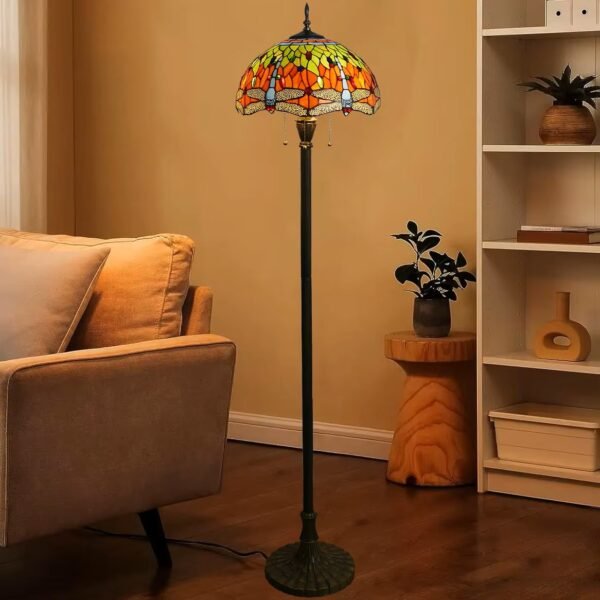 Lampa witrażowa w stylu Tiffany, podłogowa, wysokość 177cm niebieska ważka