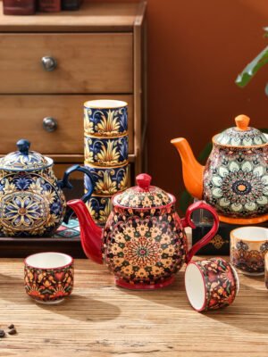Ceramiczny zestaw czajnik, 4 kubki, taca w stylu marokańskim, pomarańczowy