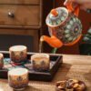 Ceramiczny zestaw czajnik, 4 kubki, taca w stylu marokańskim, pomarańczowy