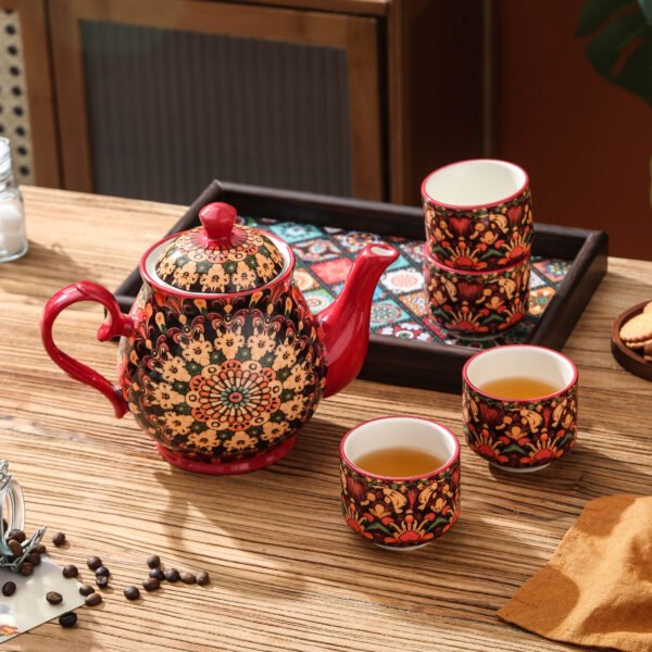 Ceramiczny zestaw czajnik, 4 kubki, taca w stylu marokańskim, czerwony
