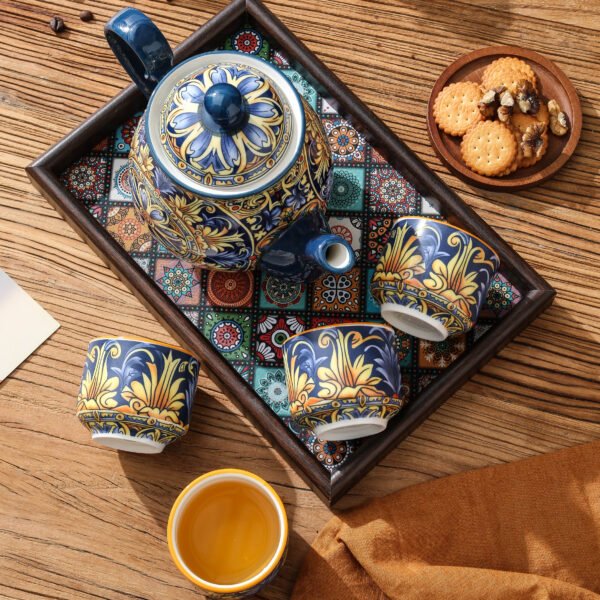Ceramiczny zestaw czajnik, 4 kubki, taca w stylu marokańskim, niebieski