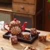 Ceramiczny zestaw czajnik, 4 kubki, taca w stylu marokańskim, czerwony