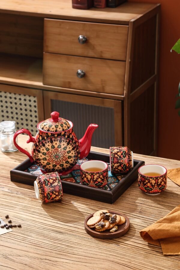 Ceramiczny zestaw czajnik, 4 kubki, taca w stylu marokańskim, czerwony