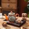 Ceramiczny zestaw czajnik, 4 kubki, taca w stylu marokańskim, pomarańczowy