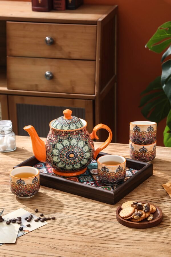Ceramiczny zestaw czajnik, 4 kubki, taca w stylu marokańskim, pomarańczowy