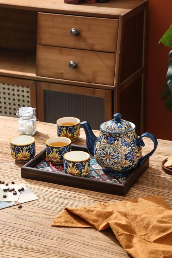 Ceramiczny zestaw czajnik, 4 kubki, taca w stylu marokańskim, niebieski
