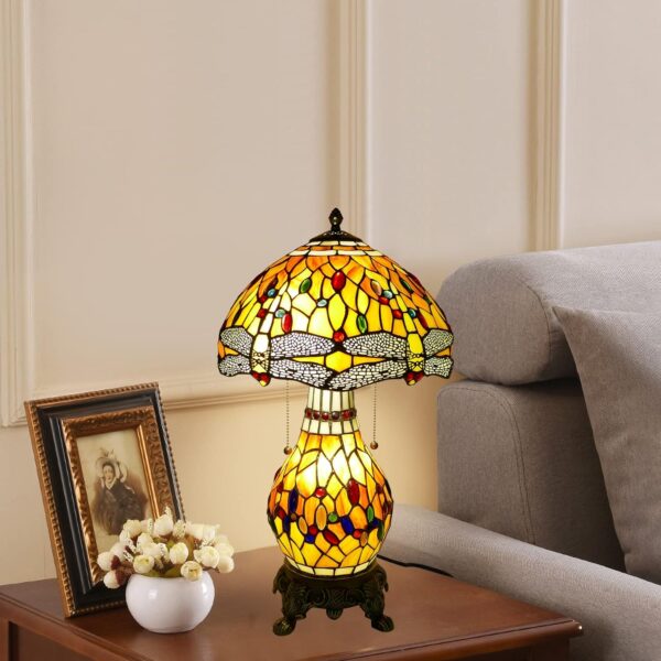 Hf3c4689c05384c758279bfd651c4937cJ Piękna lampa witrażowa w stylu Tiffany z żółtą ważką